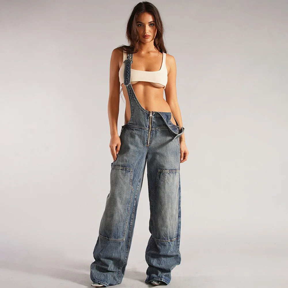 Sleeveless Loose Denim Overalls Wide Leg Denim Overalls | Chuzko.com