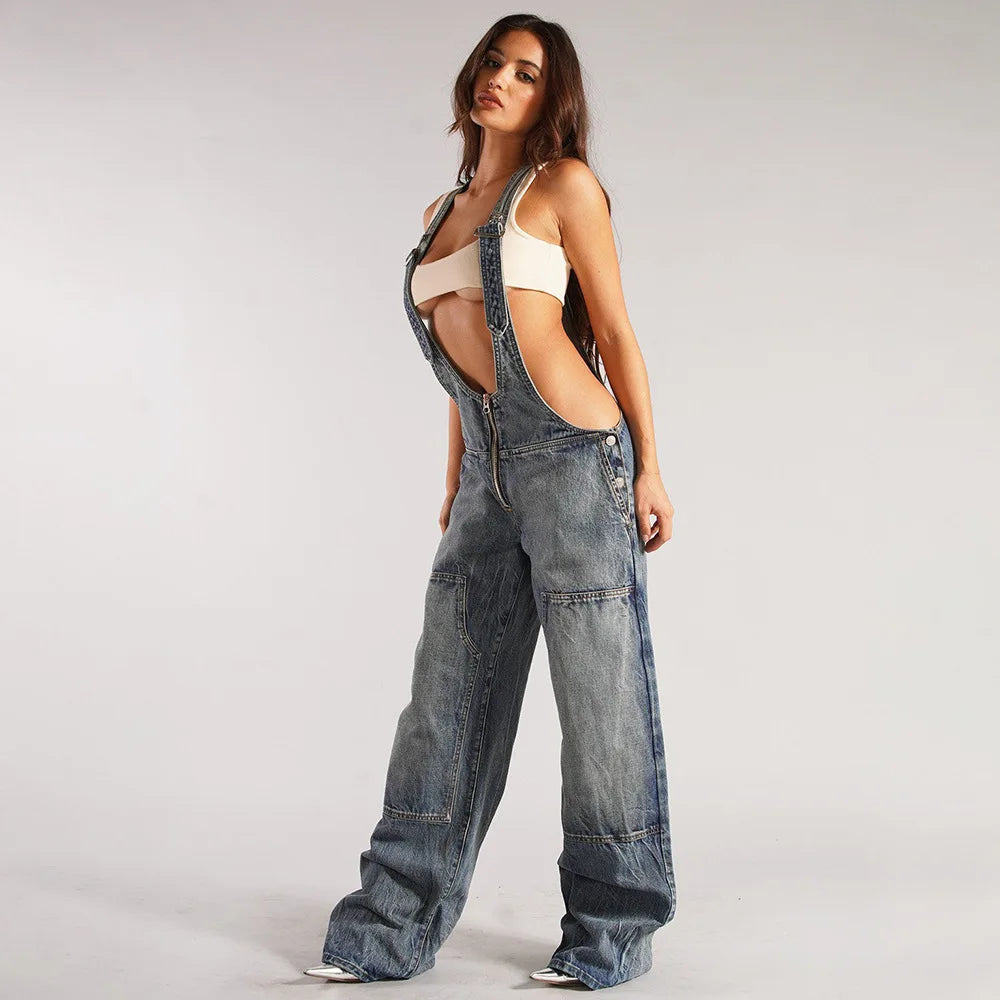 Sleeveless Loose Denim Overalls Wide Leg Denim Overalls | Chuzko.com