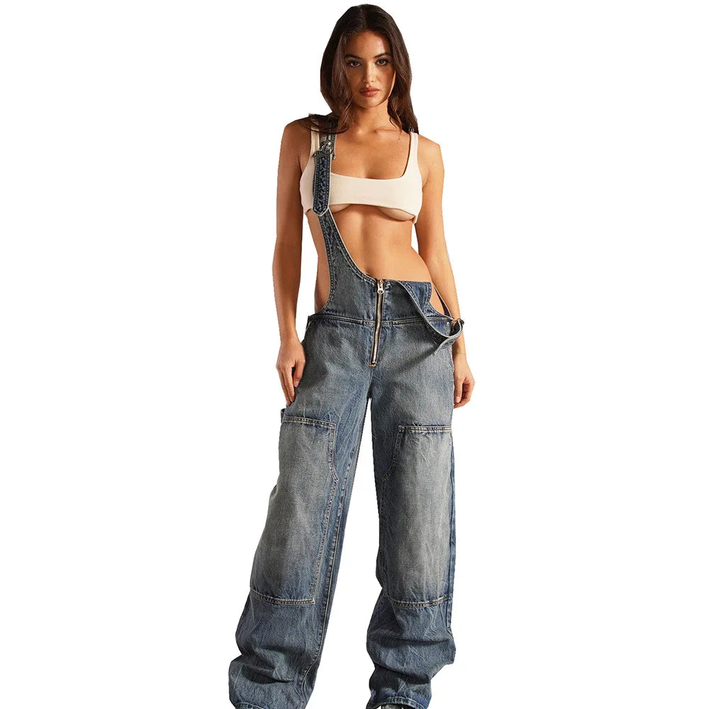 Sleeveless Loose Denim Overalls Wide Leg Denim Overalls | Chuzko.com