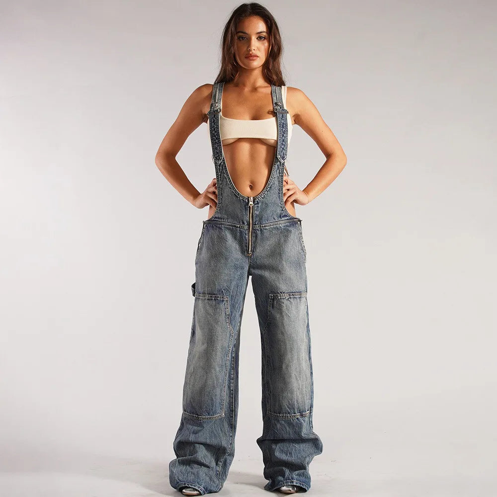 Sleeveless Loose Denim Overalls Wide Leg	