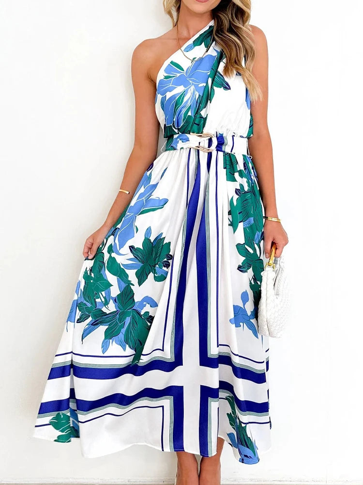 Sleeveless Asymmetric Belted Waist Flowy Maxi Dress Maxi Dresses | Chuzko.com