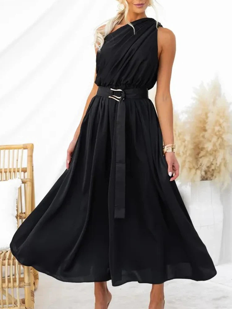 Sleeveless Asymmetric Belted Waist Flowy Maxi Dress Maxi Dresses | Chuzko.com