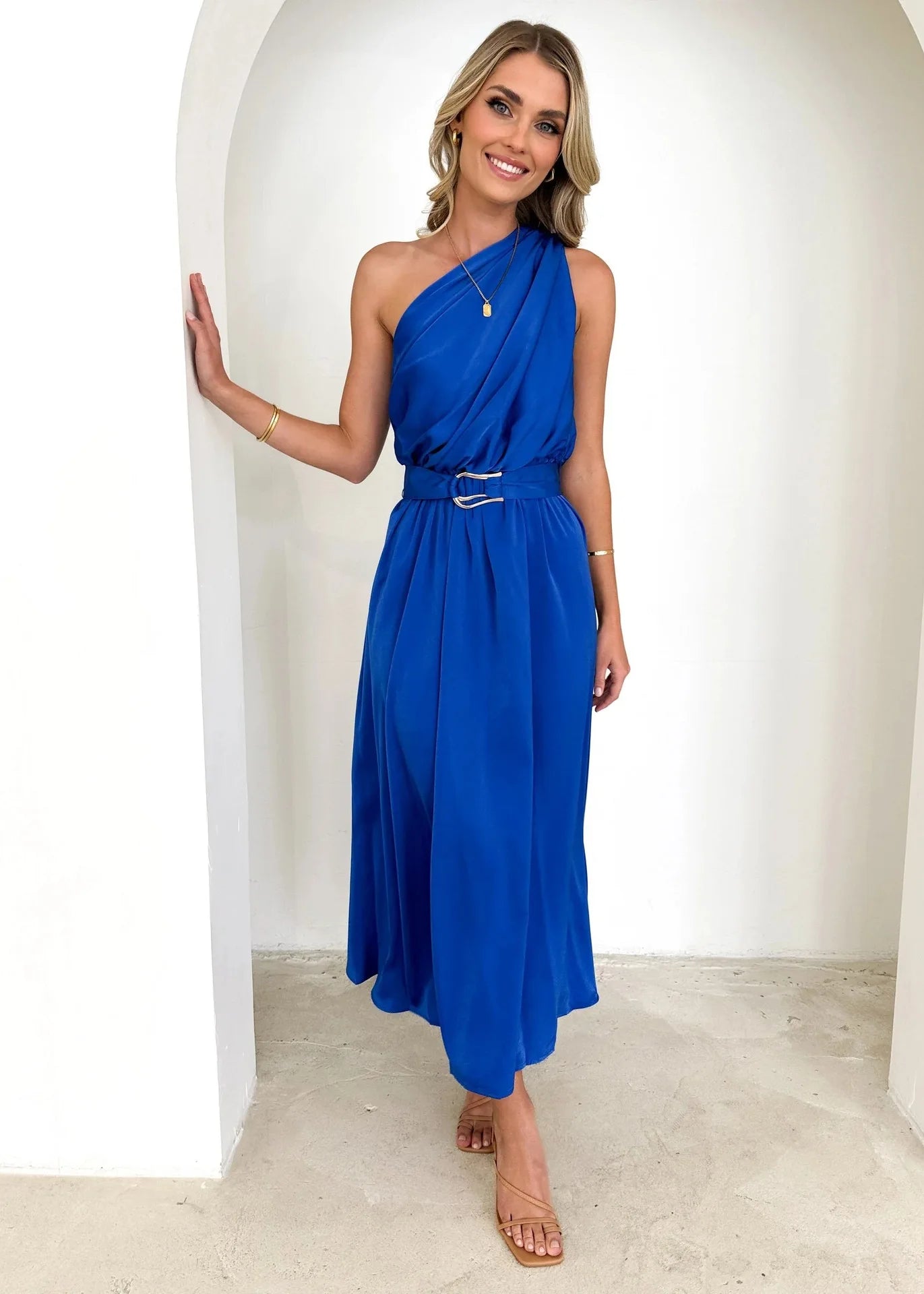 Sleeveless Asymmetric Belted Waist Flowy Maxi Dress Maxi Dresses | Chuzko.com