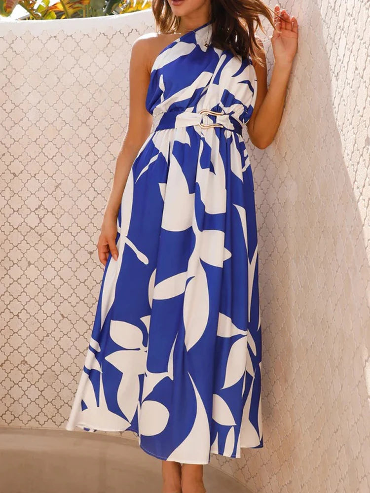 Sleeveless Asymmetric Belted Waist Flowy Maxi Dress Maxi Dresses | Chuzko.com