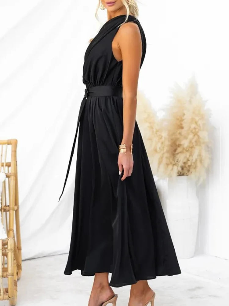 Sleeveless Asymmetric Belted Waist Flowy Maxi Dress Maxi Dresses | Chuzko.com