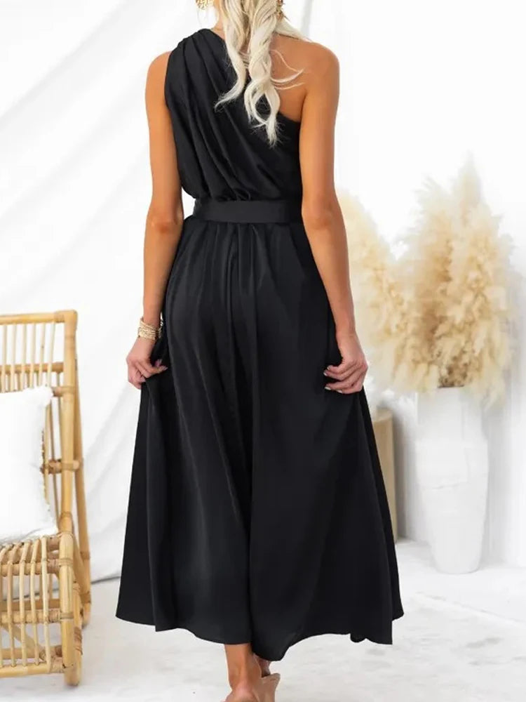 Sleeveless Asymmetric Belted Waist Flowy Maxi Dress Maxi Dresses | Chuzko.com