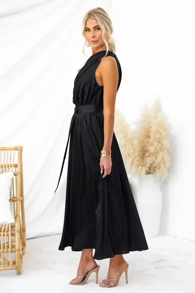 Sleeveless Asymmetric Belted Waist Flowy Maxi Dress Maxi Dresses | Chuzko.com