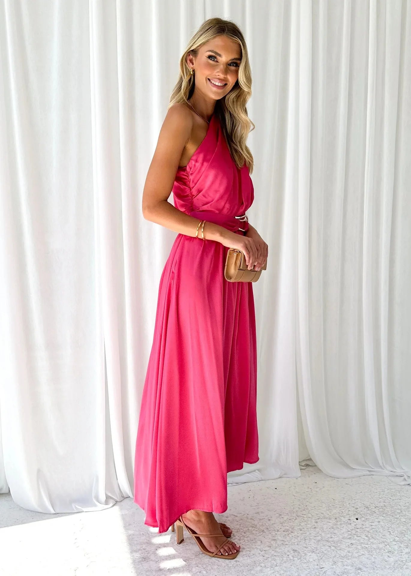 Sleeveless Asymmetric Belted Waist Flowy Maxi Dress Maxi Dresses | Chuzko.com