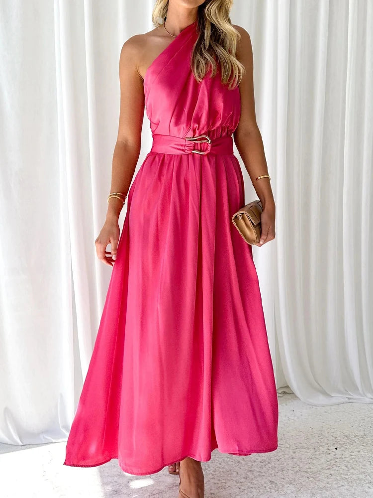 Sleeveless Asymmetric Belted Waist Flowy Maxi Dress Maxi Dresses | Chuzko.com