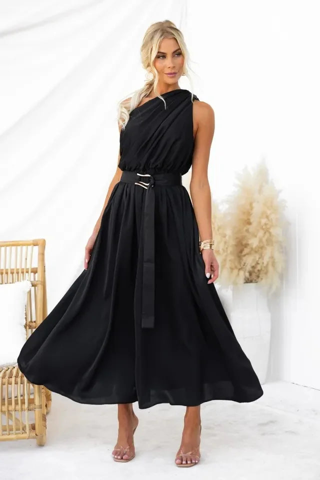 Sleeveless Asymmetric Belted Waist Flowy Maxi Dress Maxi Dresses | Chuzko.com