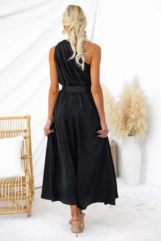 Sleeveless Asymmetric Belted Waist Flowy Maxi Dress Maxi Dresses | Chuzko.com