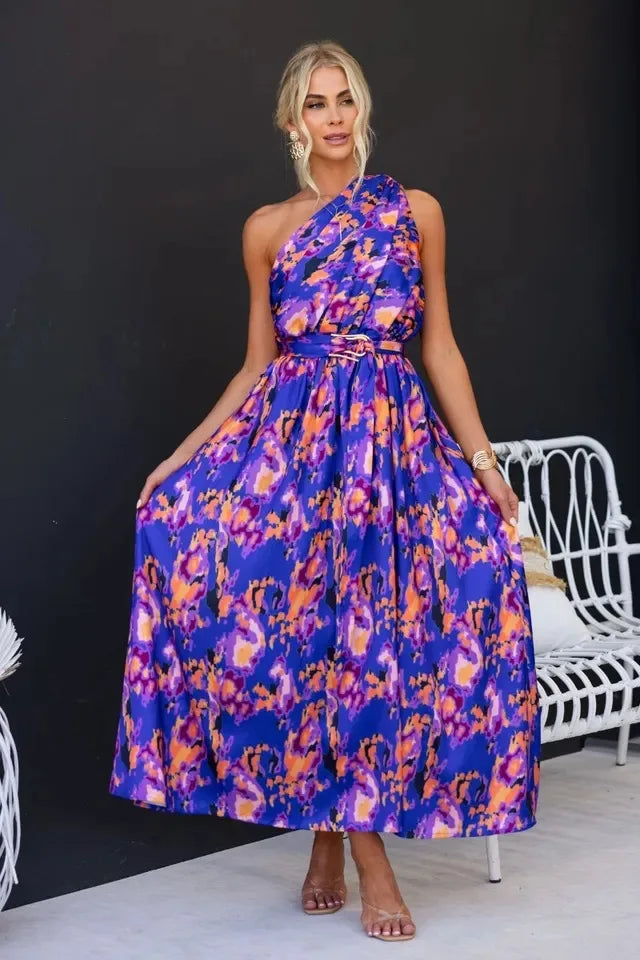 Sleeveless Asymmetric Belted Waist Flowy Maxi Dress Maxi Dresses | Chuzko.com