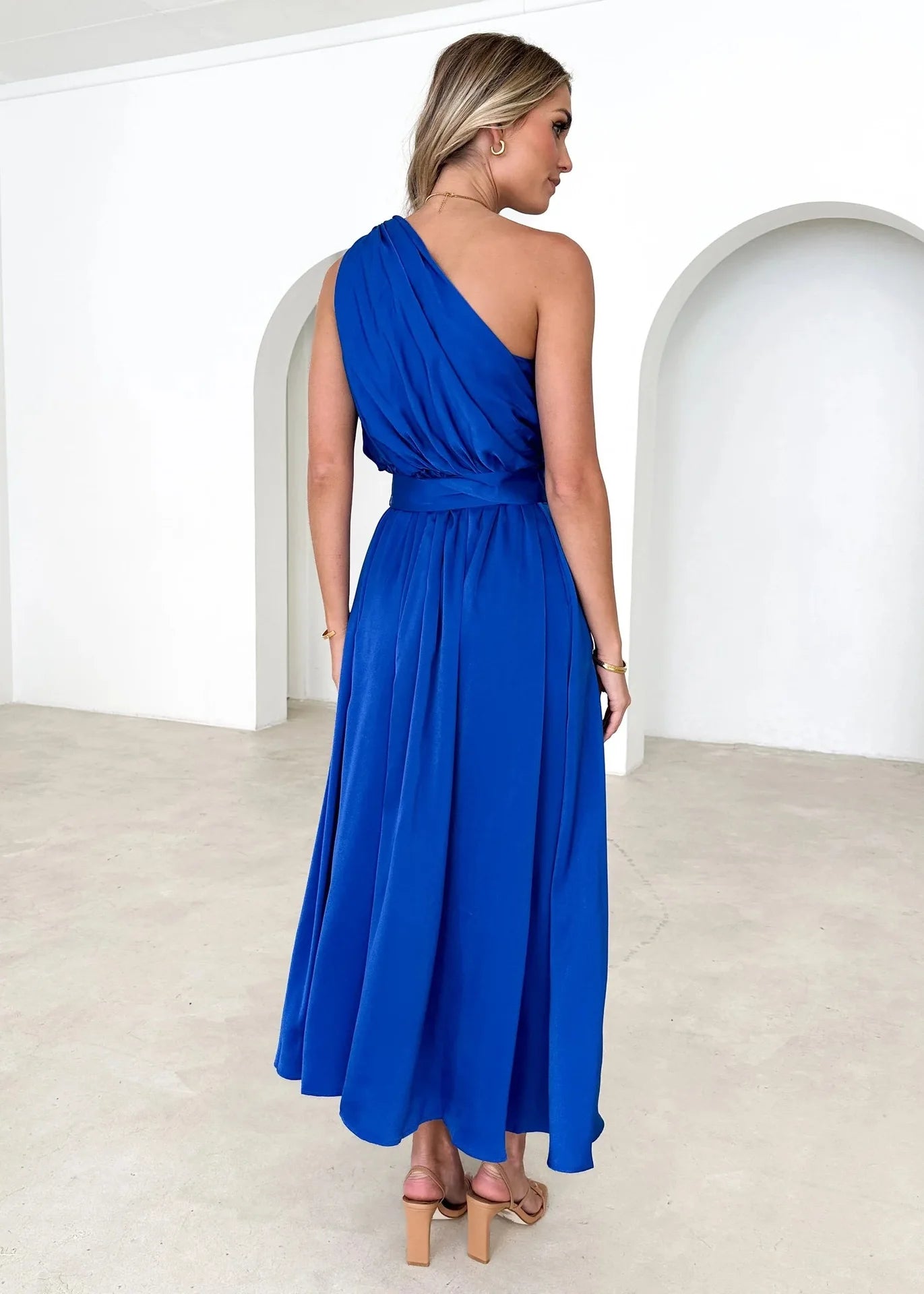 Sleeveless Asymmetric Belted Waist Flowy Maxi Dress Maxi Dresses | Chuzko.com