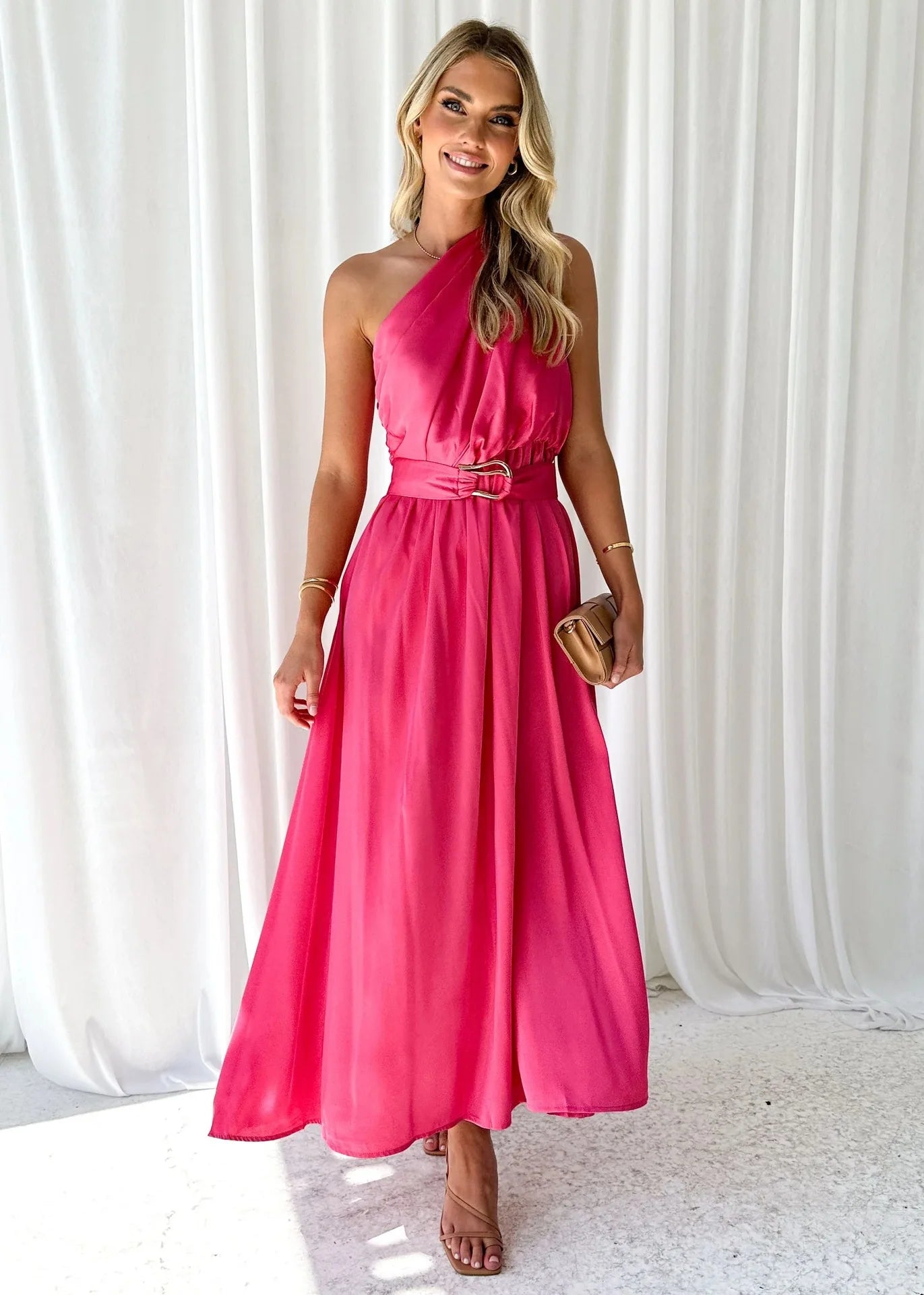 Sleeveless Asymmetric Belted Waist Flowy Maxi Dress Maxi Dresses | Chuzko.com