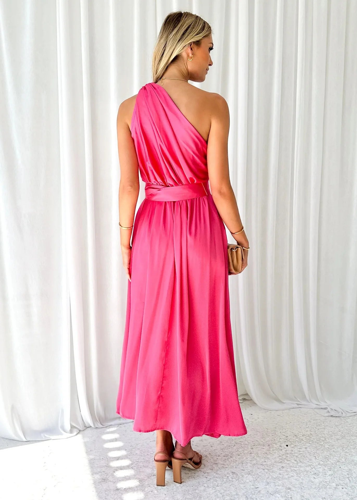 Sleeveless Asymmetric Belted Waist Flowy Maxi Dress Maxi Dresses | Chuzko.com