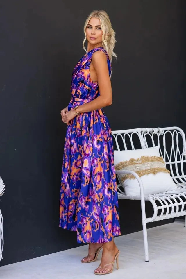 Sleeveless Asymmetric Belted Waist Flowy Maxi Dress Maxi Dresses | Chuzko.com