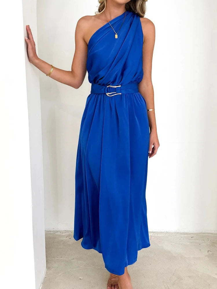 Sleeveless Asymmetric Belted Waist Flowy Maxi Dress Maxi Dresses | Chuzko.com