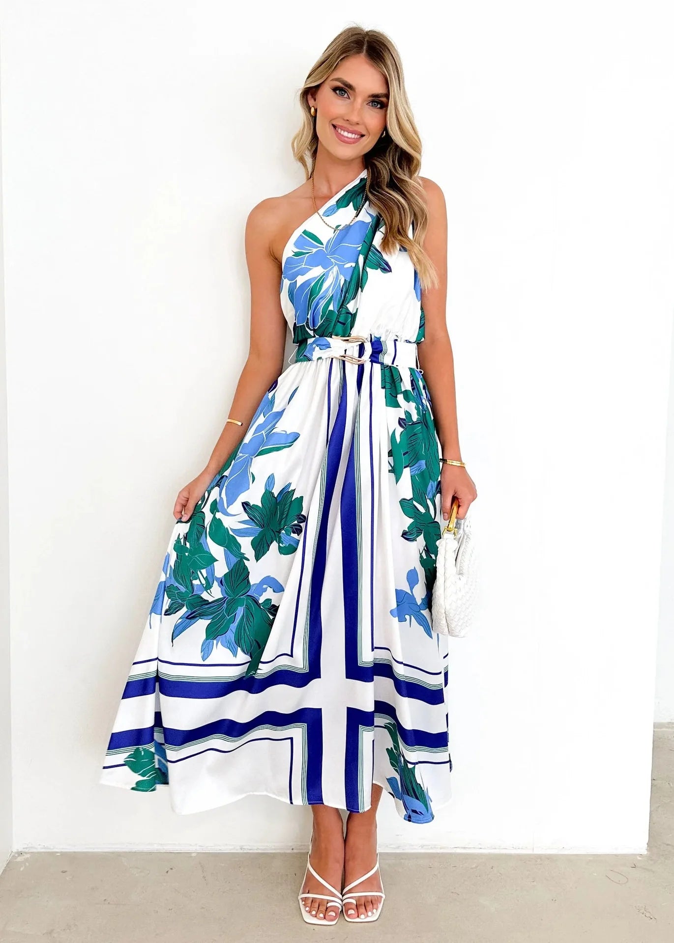 Sleeveless Asymmetric Belted Waist Flowy Maxi Dress Maxi Dresses | Chuzko.com