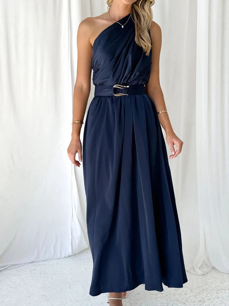 Sleeveless Asymmetric Belted Waist Flowy Maxi Dress Maxi Dresses | Chuzko.com