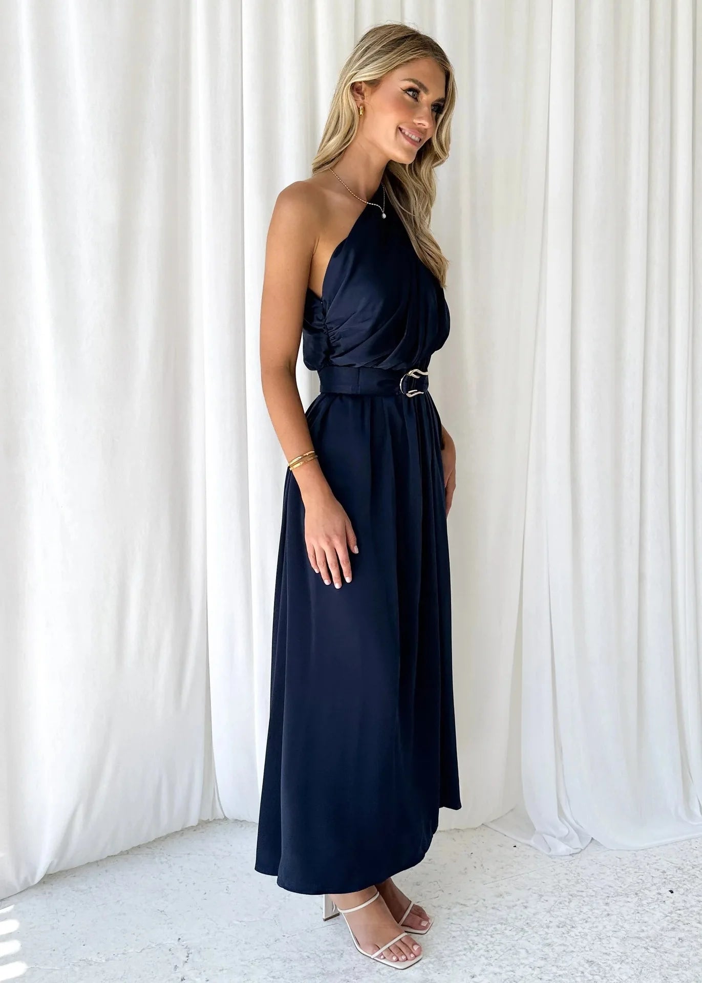 Sleeveless Asymmetric Belted Waist Flowy Maxi Dress Maxi Dresses | Chuzko.com