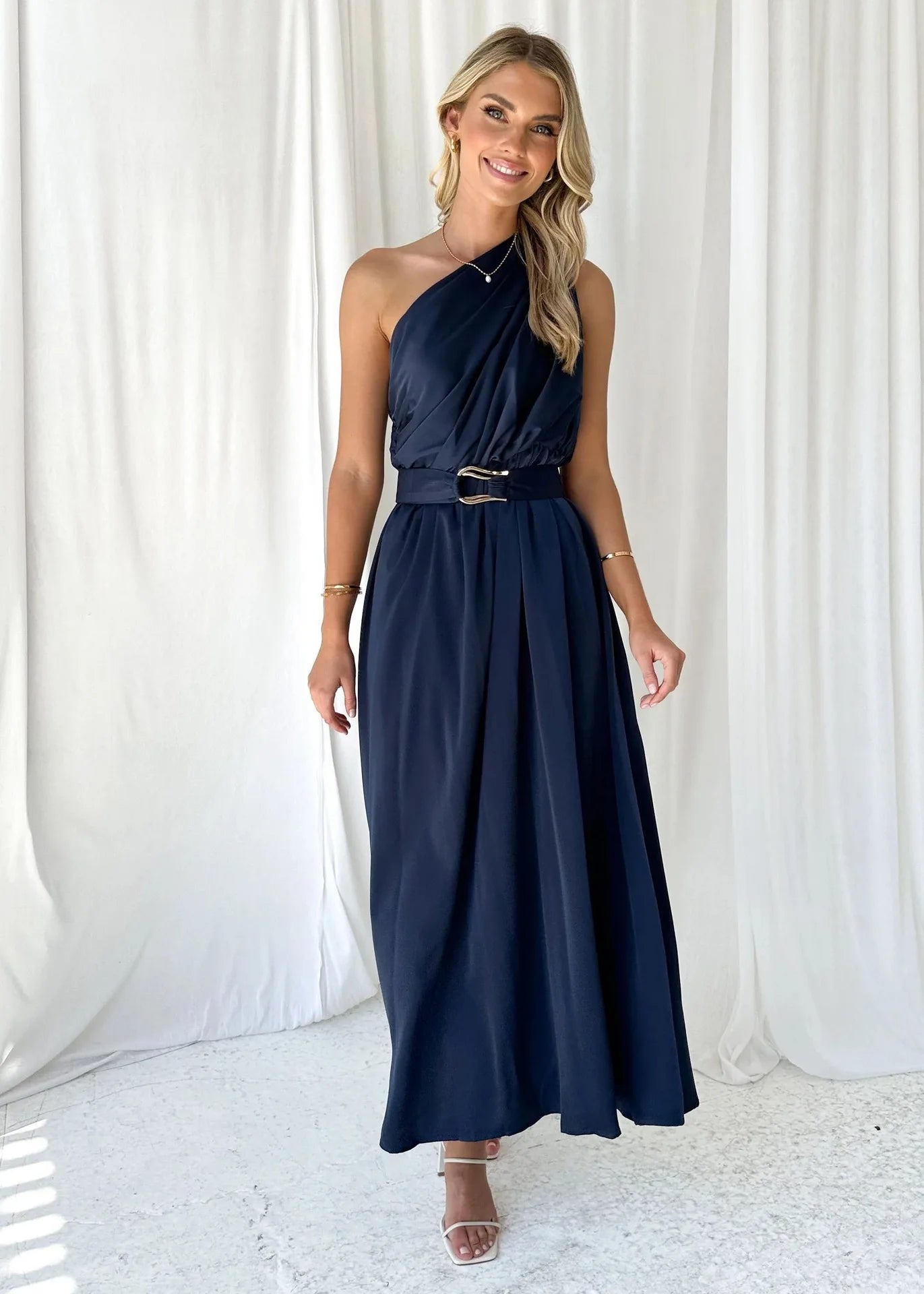 Sleeveless Asymmetric Belted Waist Flowy Maxi Dress Maxi Dresses | Chuzko.com