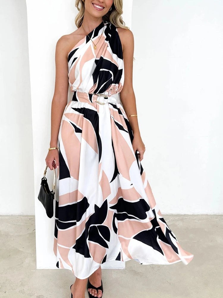 Sleeveless Asymmetric Belted Waist Flowy Maxi Dress Maxi Dresses | Chuzko.com