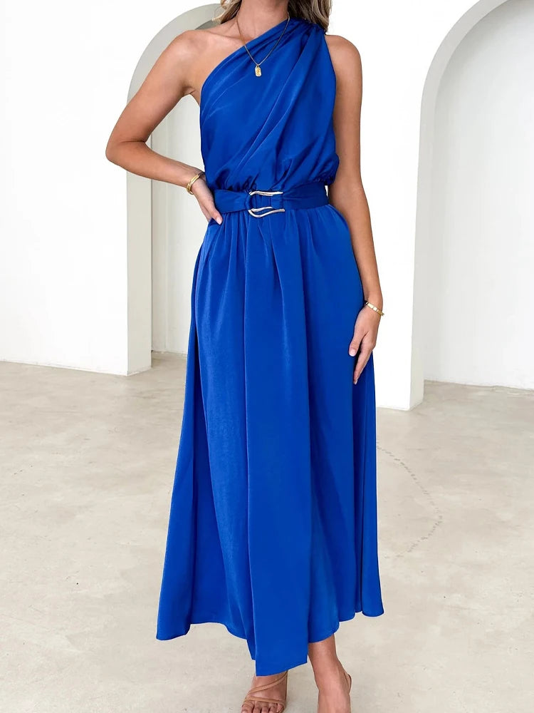 Sleeveless Asymmetric Belted Waist Flowy Maxi Dress Maxi Dresses | Chuzko.com