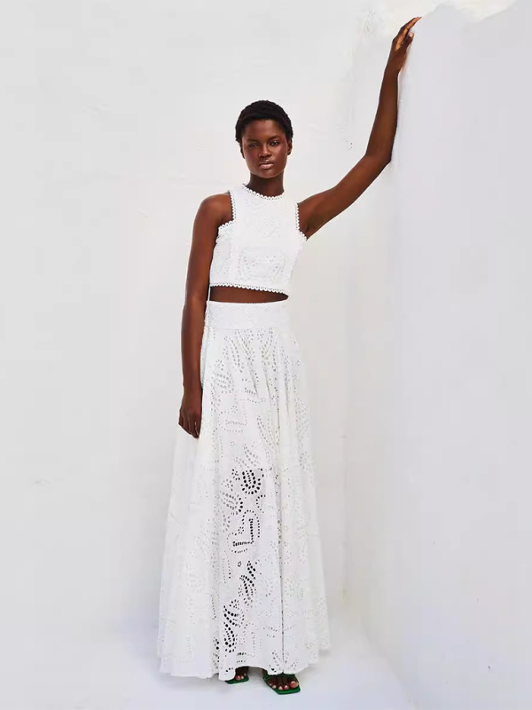 Elegant Eyelet Maxi Set Skirt & & Crop Top Elegant Sets | Chuzko.com