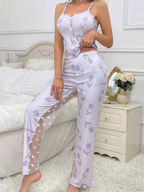 Cherry Print Pajamas Cami top &amp; Pants in Contrast Mesh Pajamas | Chuzko.com