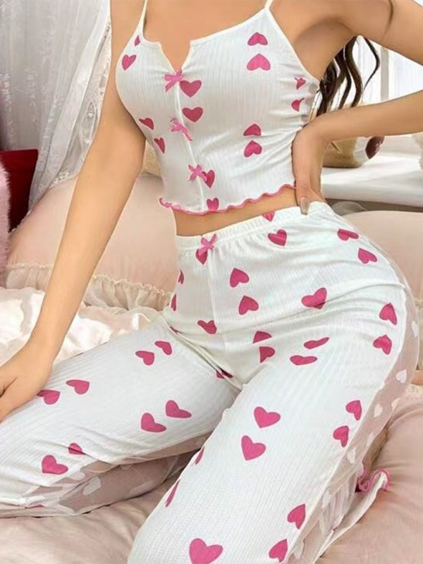 Cherry Print Pajamas Cami top &amp; Pants in Contrast Mesh Pajamas | Chuzko.com