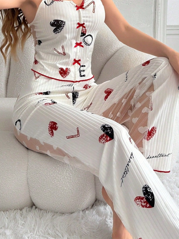 Cherry Print Pajamas Cami top &amp; Pants in Contrast Mesh Pajamas | Chuzko.com