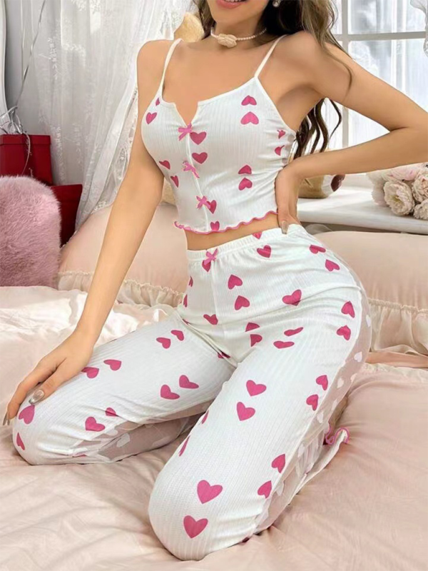 Cherry Print Pajamas Cami top &amp; Pants in Contrast Mesh Pajamas | Chuzko.com