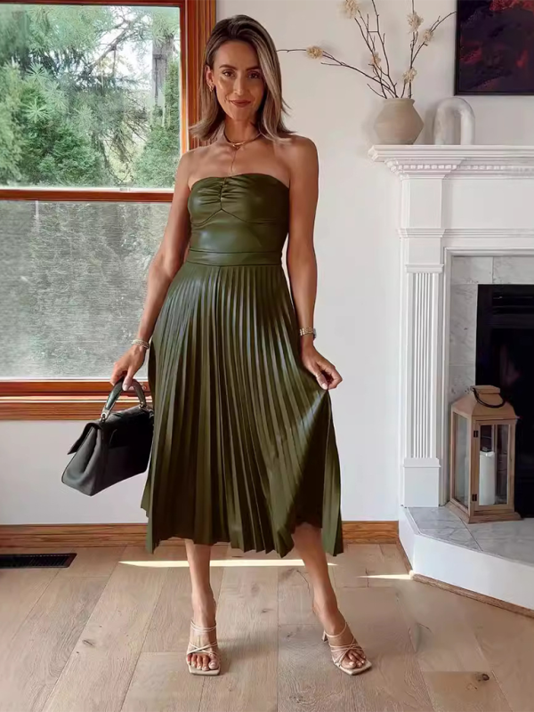 Elegant Pleated Strapless Dress in Faux Leather Party Dresses | Chuzko.com