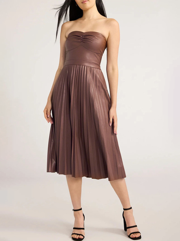 Elegant Pleated Strapless Dress in Faux Leather Party Dresses | Chuzko.com