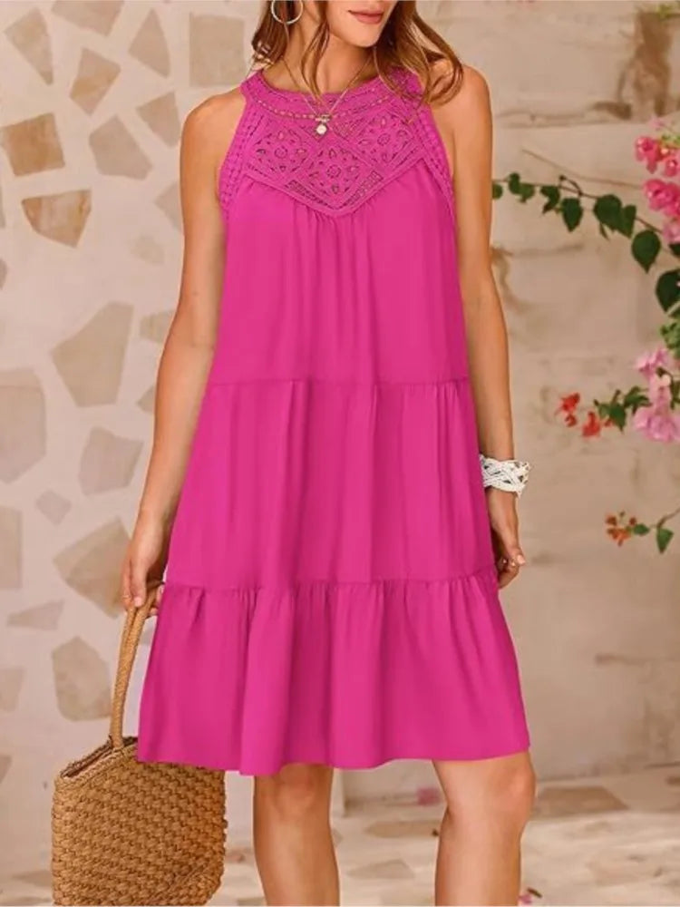 Crochet Lace Neckline Sleeveless Tent Mini Dress Boho Mini | Chuzko.com