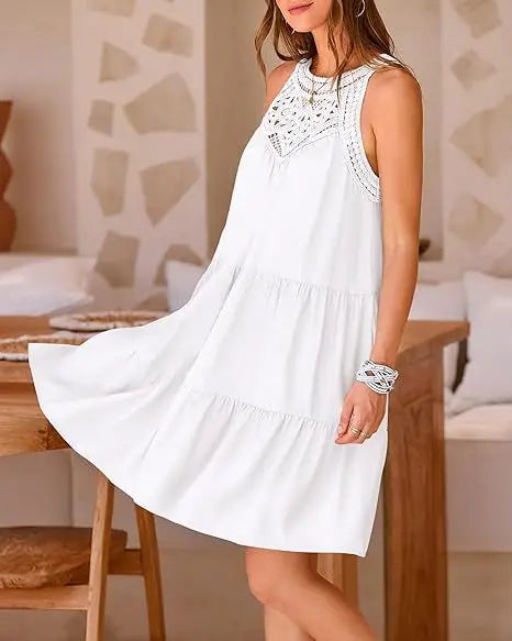 Crochet Lace Neckline Sleeveless Tent Mini Dress Boho Mini | Chuzko.com