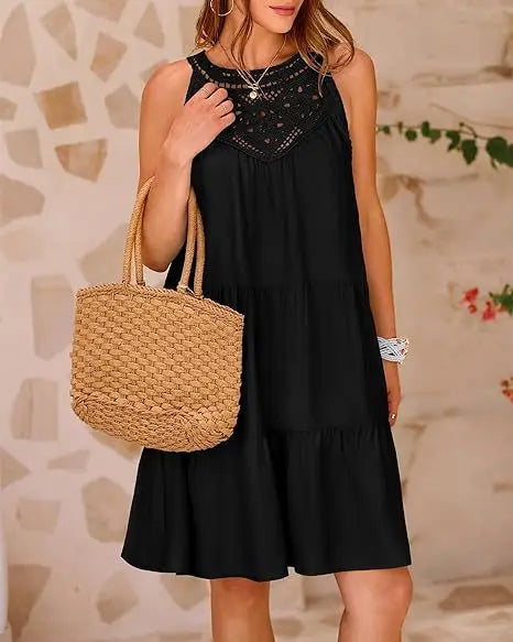 Crochet Lace Neckline Sleeveless Tent Mini Dress Boho Mini | Chuzko.com