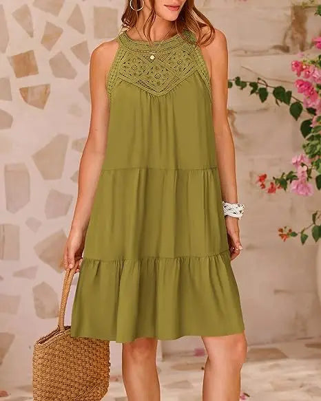 Crochet Lace Neckline Sleeveless Tent Mini Dress Boho Mini | Chuzko.com