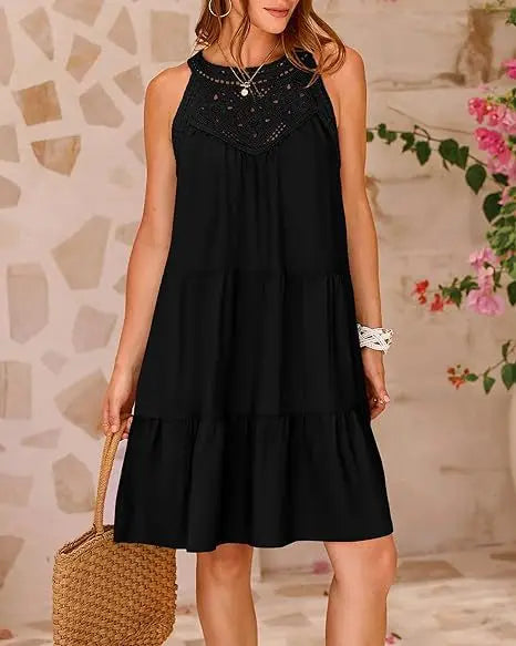 Crochet Lace Neckline Sleeveless Tent Mini Dress Boho Mini | Chuzko.com