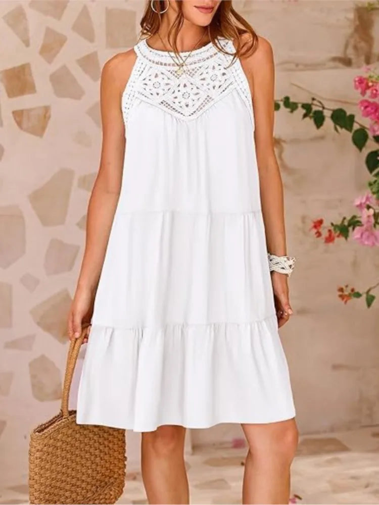 Crochet Lace Neckline Sleeveless Tent Mini Dress Boho Mini | Chuzko.com