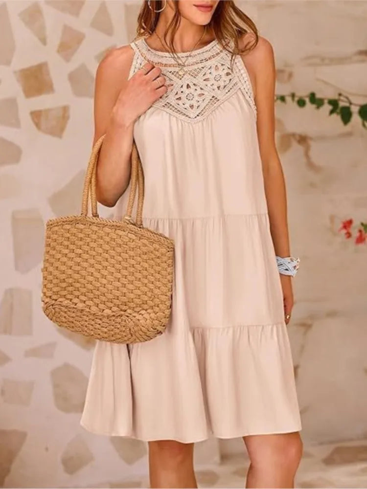 Crochet Lace Neckline Sleeveless Tent Mini Dress Boho Mini | Chuzko.com