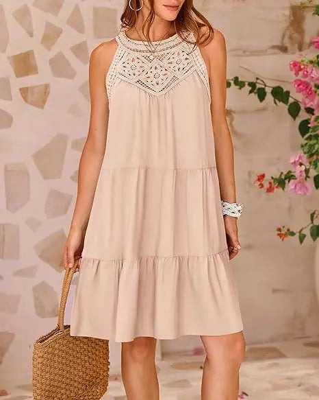 Crochet Lace Neckline Sleeveless Tent Mini Dress Boho Mini | Chuzko.com