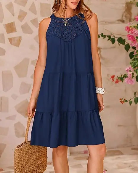 Crochet Lace Neckline Sleeveless Tent Mini Dress Boho Mini | Chuzko.com