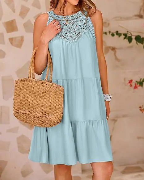 Crochet Lace Neckline Sleeveless Tent Mini Dress Boho Mini | Chuzko.com