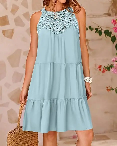 Crochet Lace Neckline Sleeveless Tent Mini Dress Boho Mini | Chuzko.com