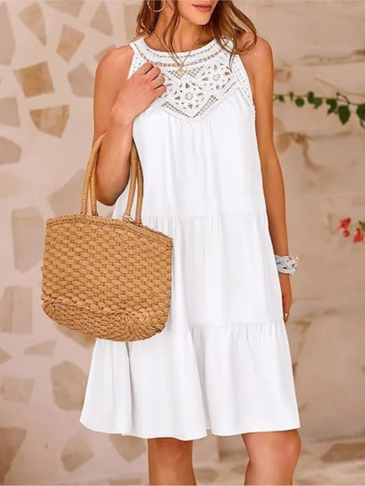 Crochet Lace Neckline Sleeveless Tent Mini Dress	