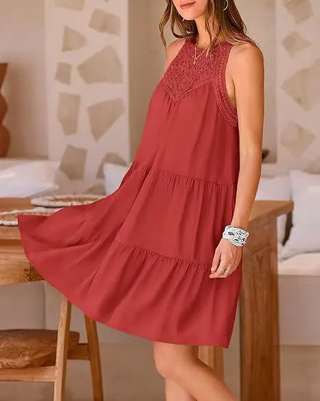 Crochet Lace Neckline Sleeveless Tent Mini Dress Boho Mini | Chuzko.com