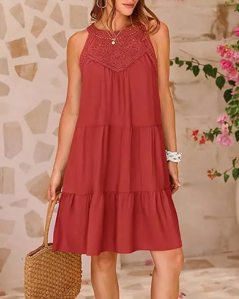 Crochet Lace Neckline Sleeveless Tent Mini Dress Boho Mini | Chuzko.com