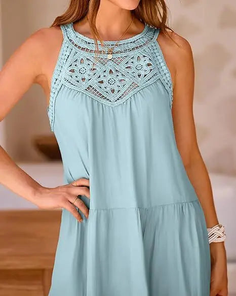 Crochet Lace Neckline Sleeveless Tent Mini Dress Boho Mini | Chuzko.com