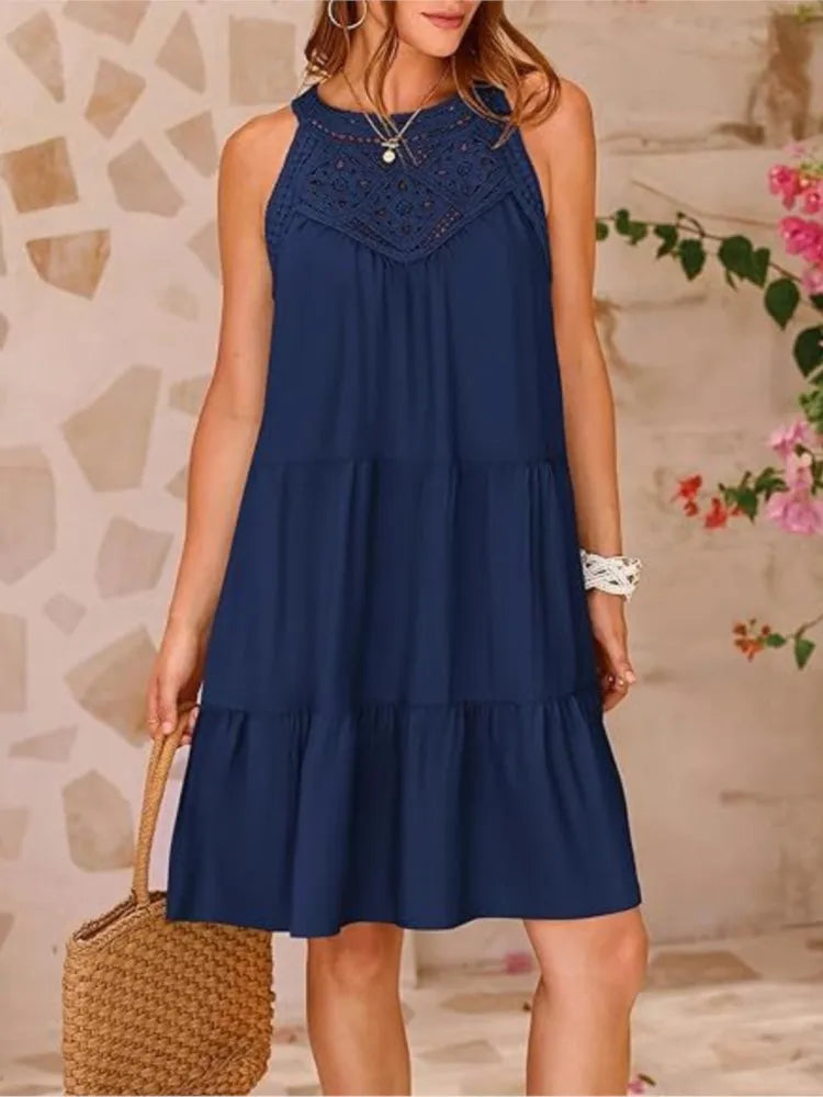 Crochet Lace Neckline Sleeveless Tent Mini Dress Boho Mini | Chuzko.com